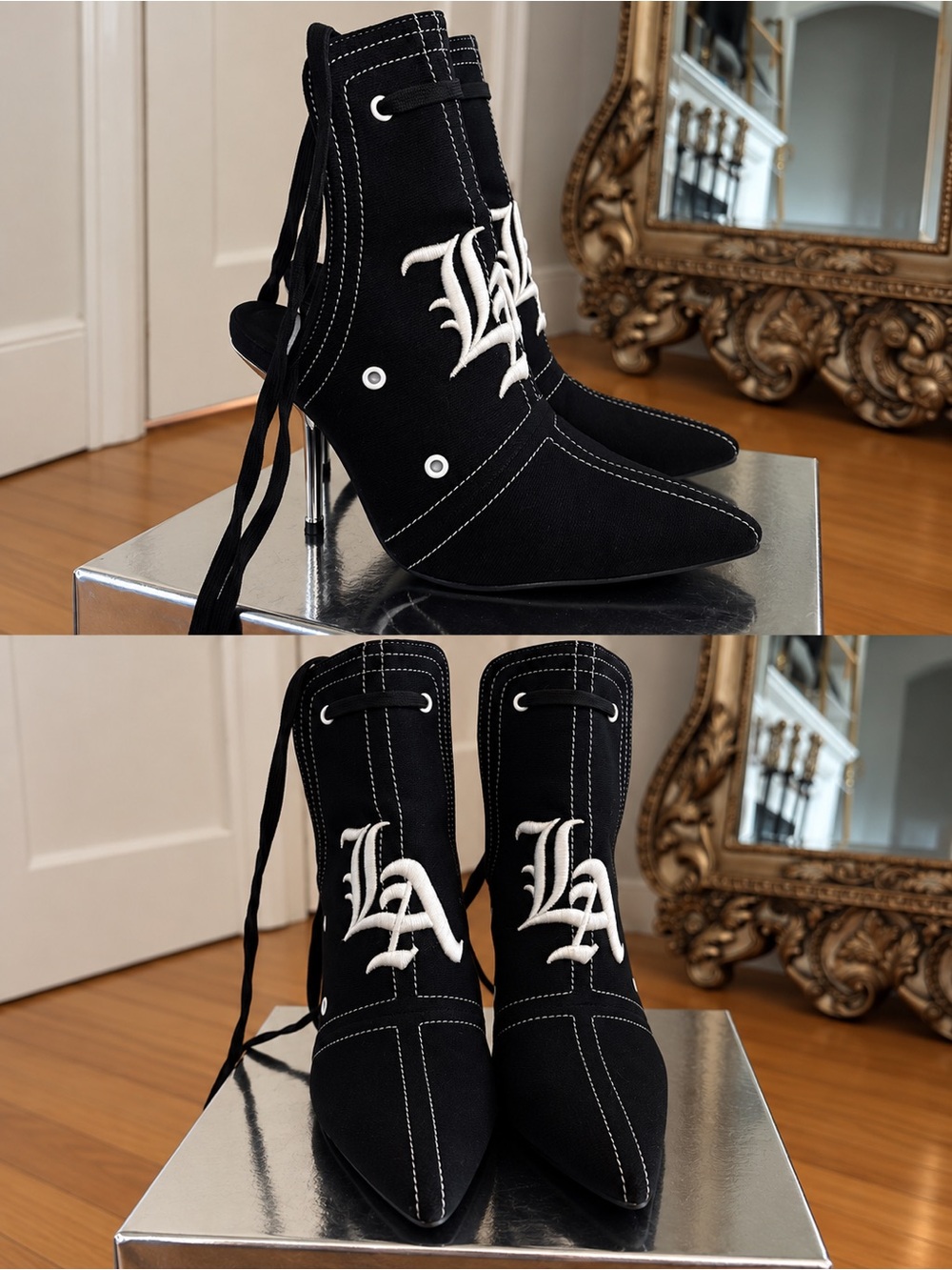 LA Embroidered Black Pointed Toe Lace-Up Heeled Ankle Boots
